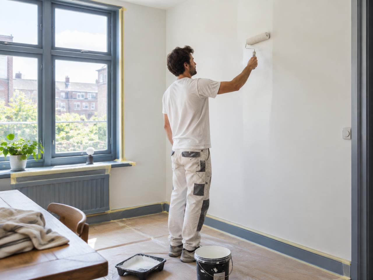 Sfeerbeeld van een wand die wit wordt gesausd; geen foto van dit project
